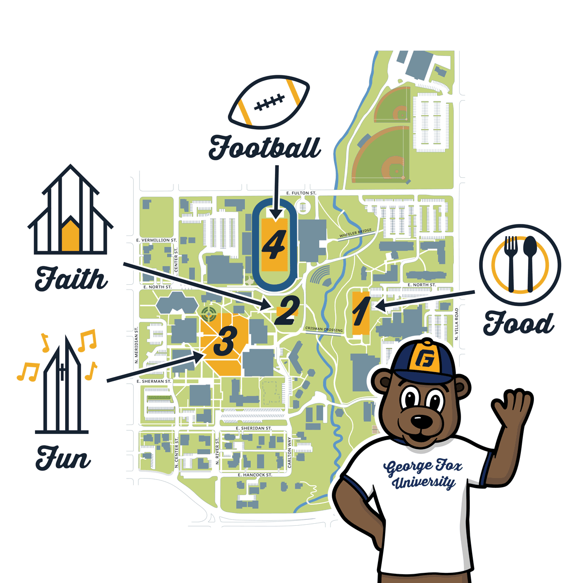 Campus map highlights the chapel, the football field, the dinning hall, and the quad. 